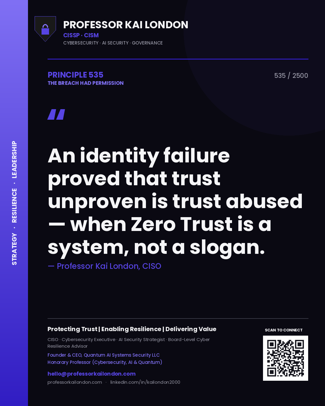 Quote card by Professor Kai London reading 'An identity failure proved that trust unproven is trust abused — when Zero Trust is a system, not a slogan.'. From the book The Breach Had Permission.
