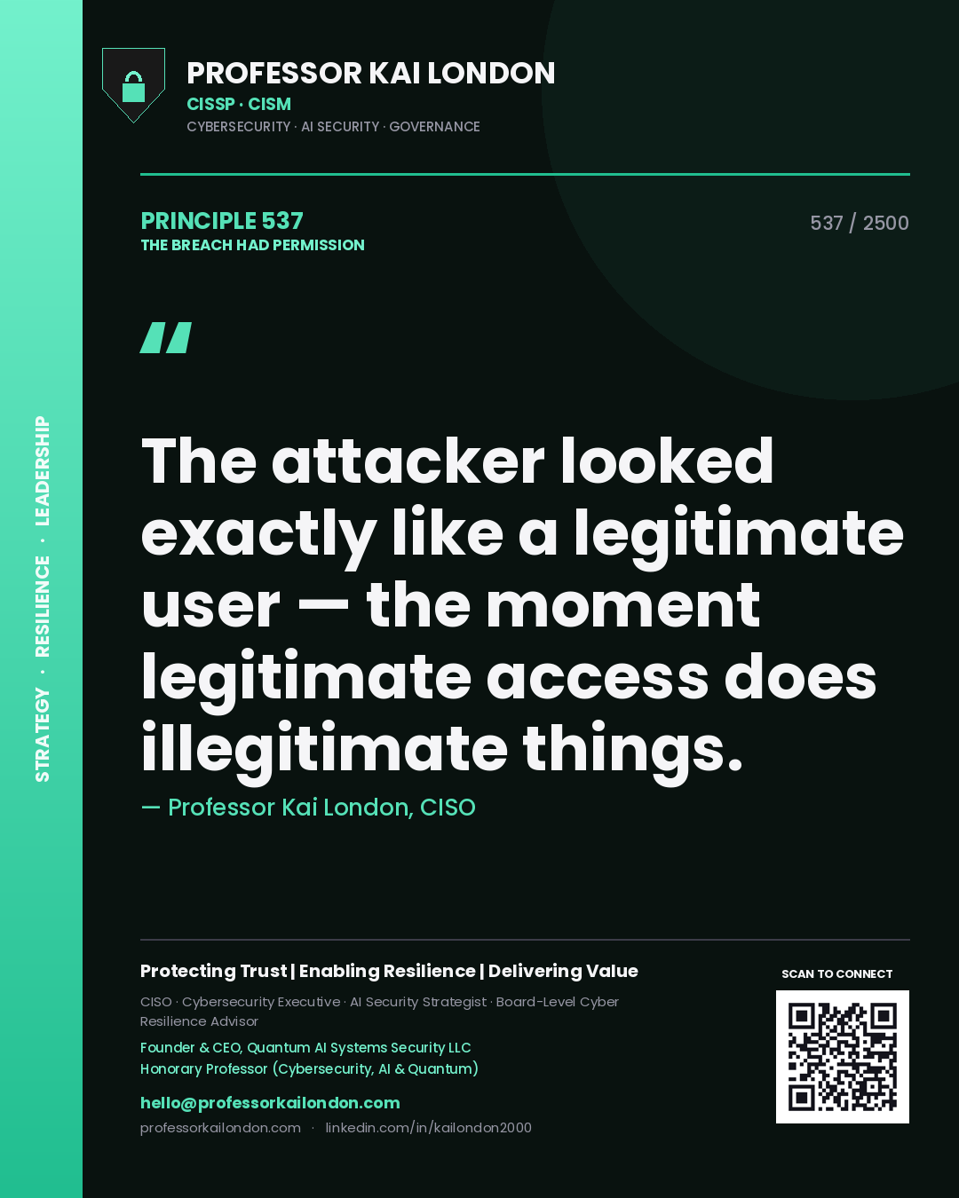 Quote card by Professor Kai London reading 'The attacker looked exactly like a legitimate user — the moment legitimate access does illegitimate things.'. From the book The Breach Had Permission.