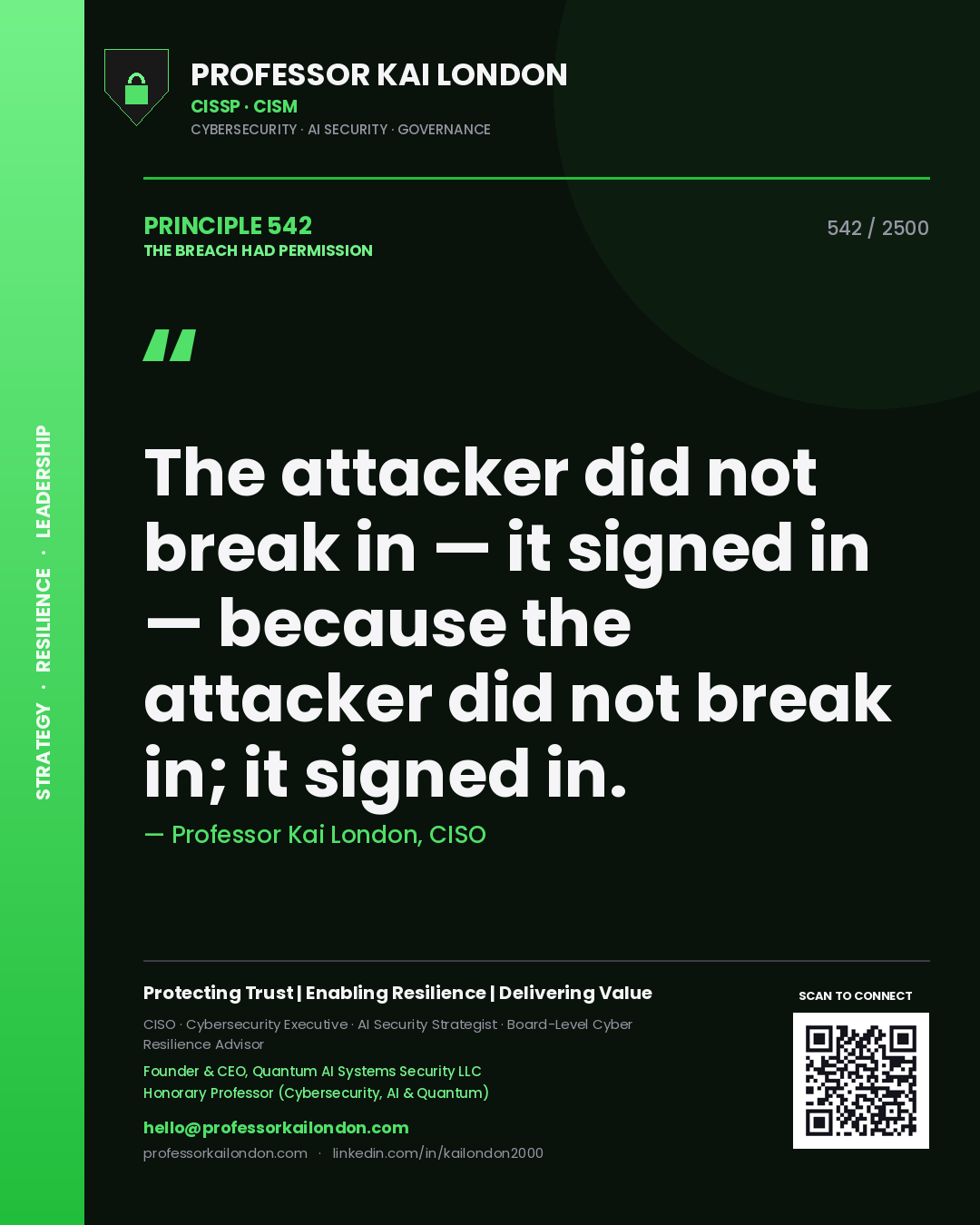 Quote card by Professor Kai London reading 'The attacker did not break in — it signed in — because the attacker did not break in; it signed in.'. From the book The Breach Had Permission.