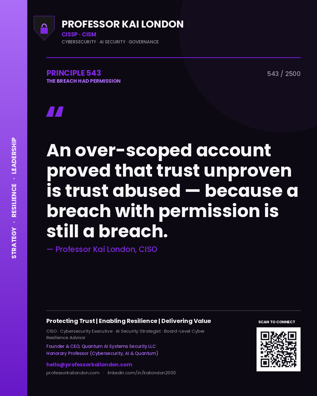 Quote card by Professor Kai London reading 'An over-scoped account proved that trust unproven is trust abused — because a breach with permission is still a breach.'. From the book The Breach Had Permission.