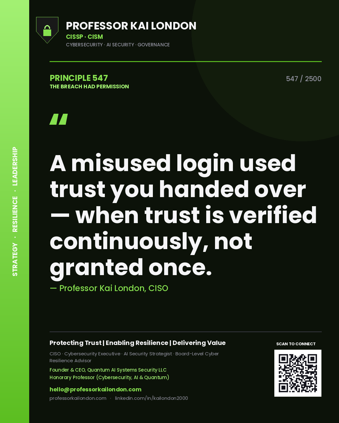 Professor Kai London principle 547: A misused login used trust you handed over — when trust is verified continuously, not granted once.
