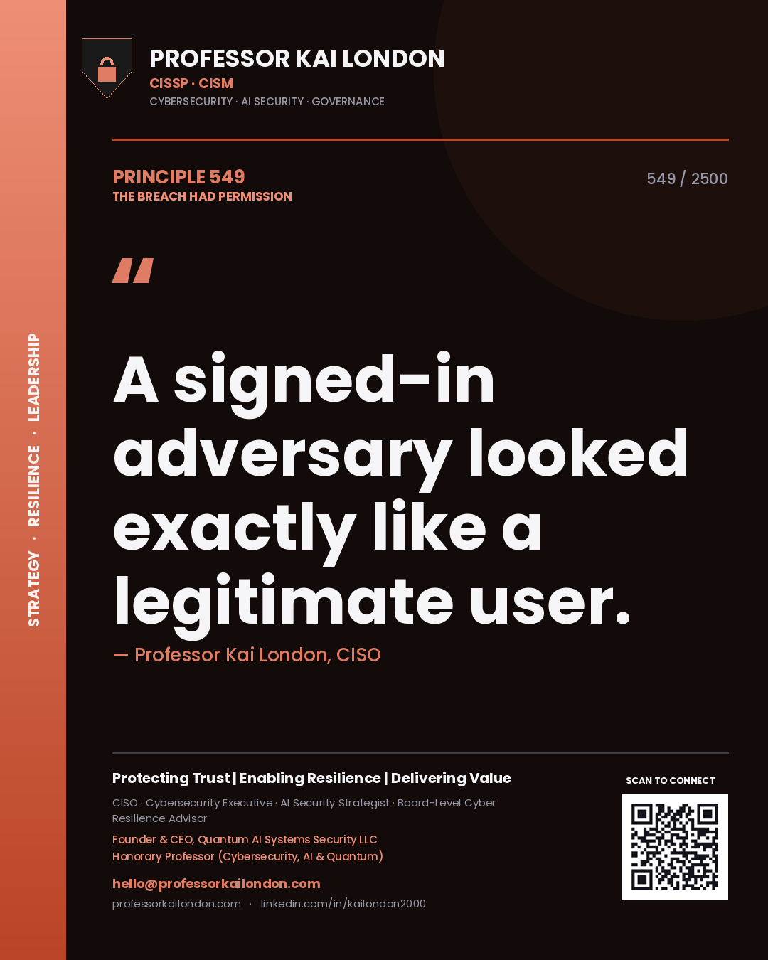 Quote card by Professor Kai London reading 'A signed-in adversary looked exactly like a legitimate user.'. From the book The Breach Had Permission.
