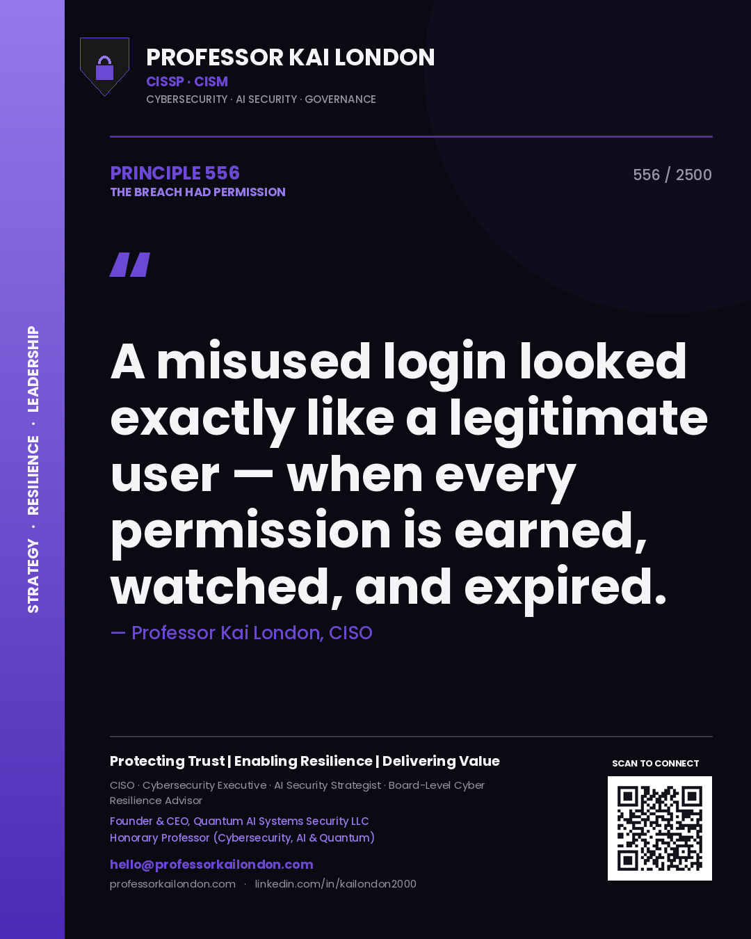 Professor Kai London principle 556: A misused login looked exactly like a legitimate user — when every permission is earned, watched, and expired.