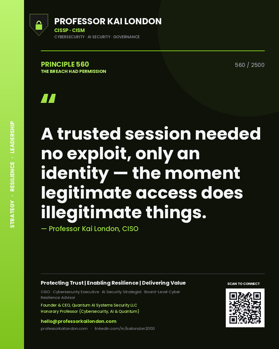 Quote card by Professor Kai London reading 'A trusted session needed no exploit, only an identity — the moment legitimate access does illegitimate things.'. From the book The Breach Had Permission.