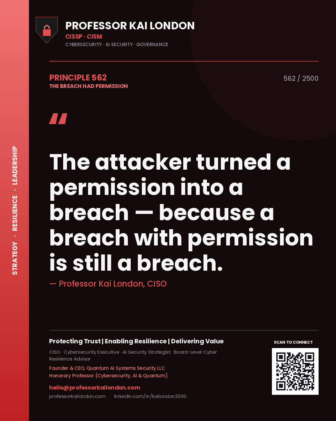 Quote card by Professor Kai London reading 'The attacker turned a permission into a breach — because a breach with permission is still a breach.'. From the book The Breach Had Permission.