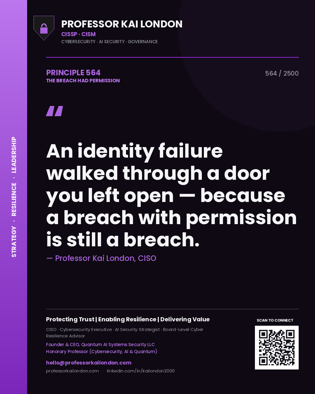 Professor Kai London principle 564: An identity failure walked through a door you left open — because a breach with permission is still a breach.