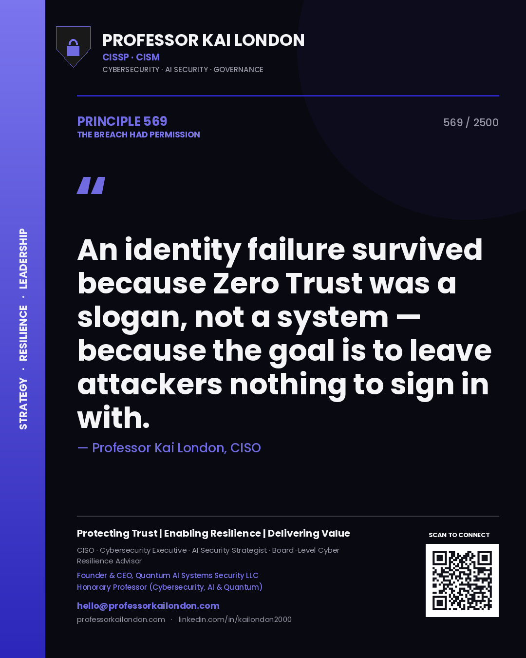 Professor Kai London principle 569: An identity failure survived because Zero Trust was a slogan, not a system — because the goal is to leave attackers nothing to sign in with.