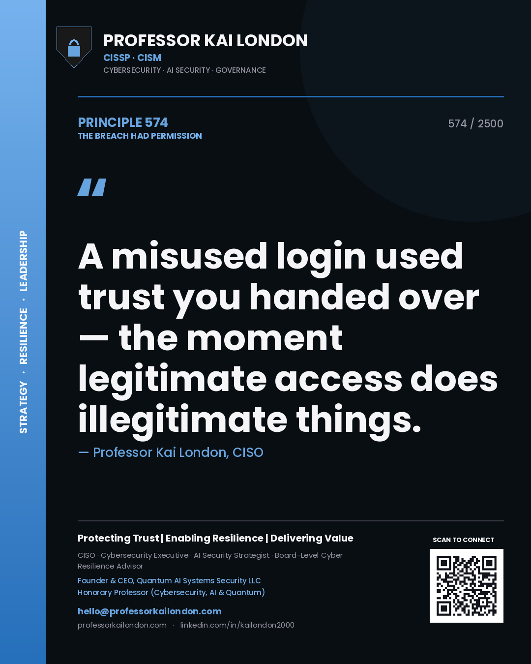 Quote card by Professor Kai London reading 'A misused login used trust you handed over — the moment legitimate access does illegitimate things.'. From the book The Breach Had Permission.