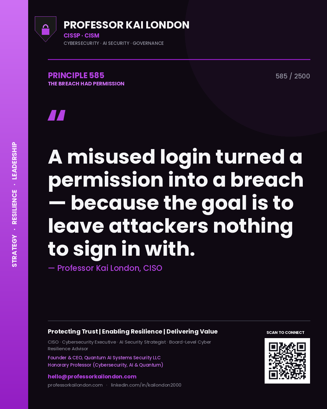 Professor Kai London principle 585: A misused login turned a permission into a breach — because the goal is to leave attackers nothing to sign in with.