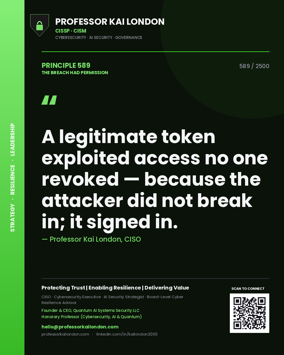 Professor Kai London principle 589: A legitimate token exploited access no one revoked — because the attacker did not break in; it signed in.