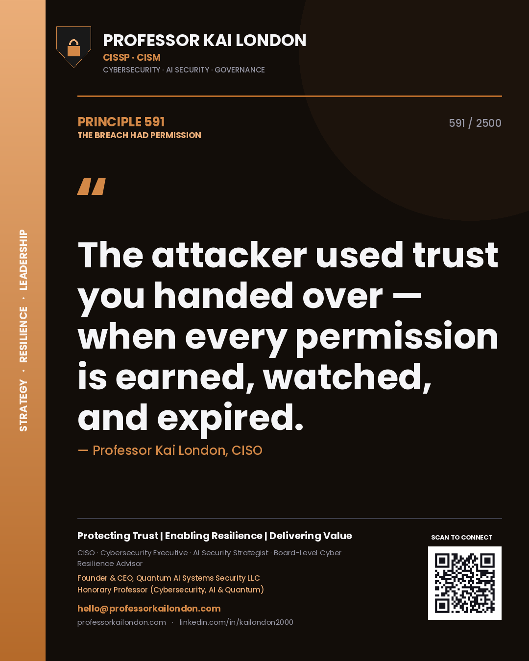 Professor Kai London principle 591: The attacker used trust you handed over — when every permission is earned, watched, and expired.