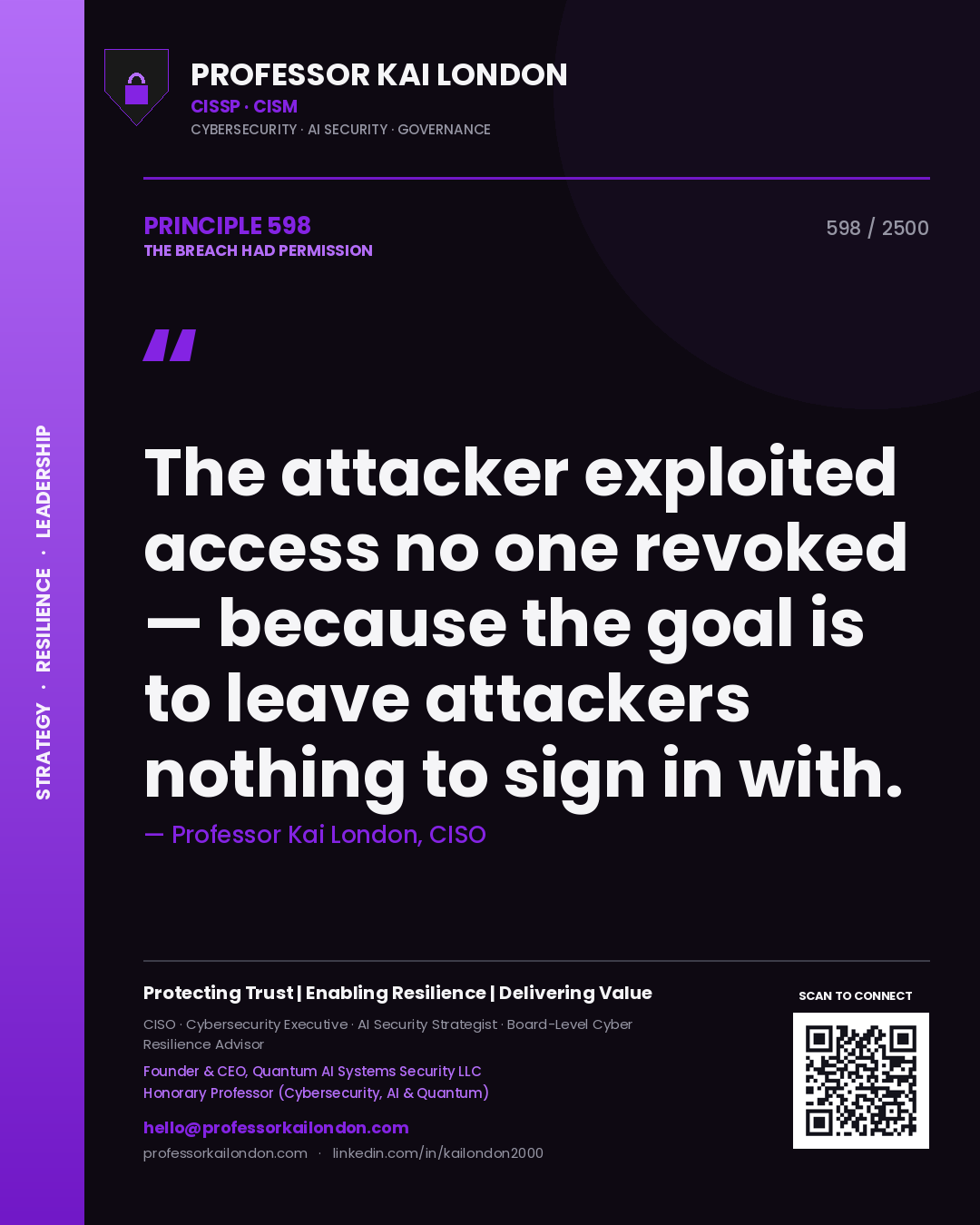 Professor Kai London principle 598: The attacker exploited access no one revoked — because the goal is to leave attackers nothing to sign in with.