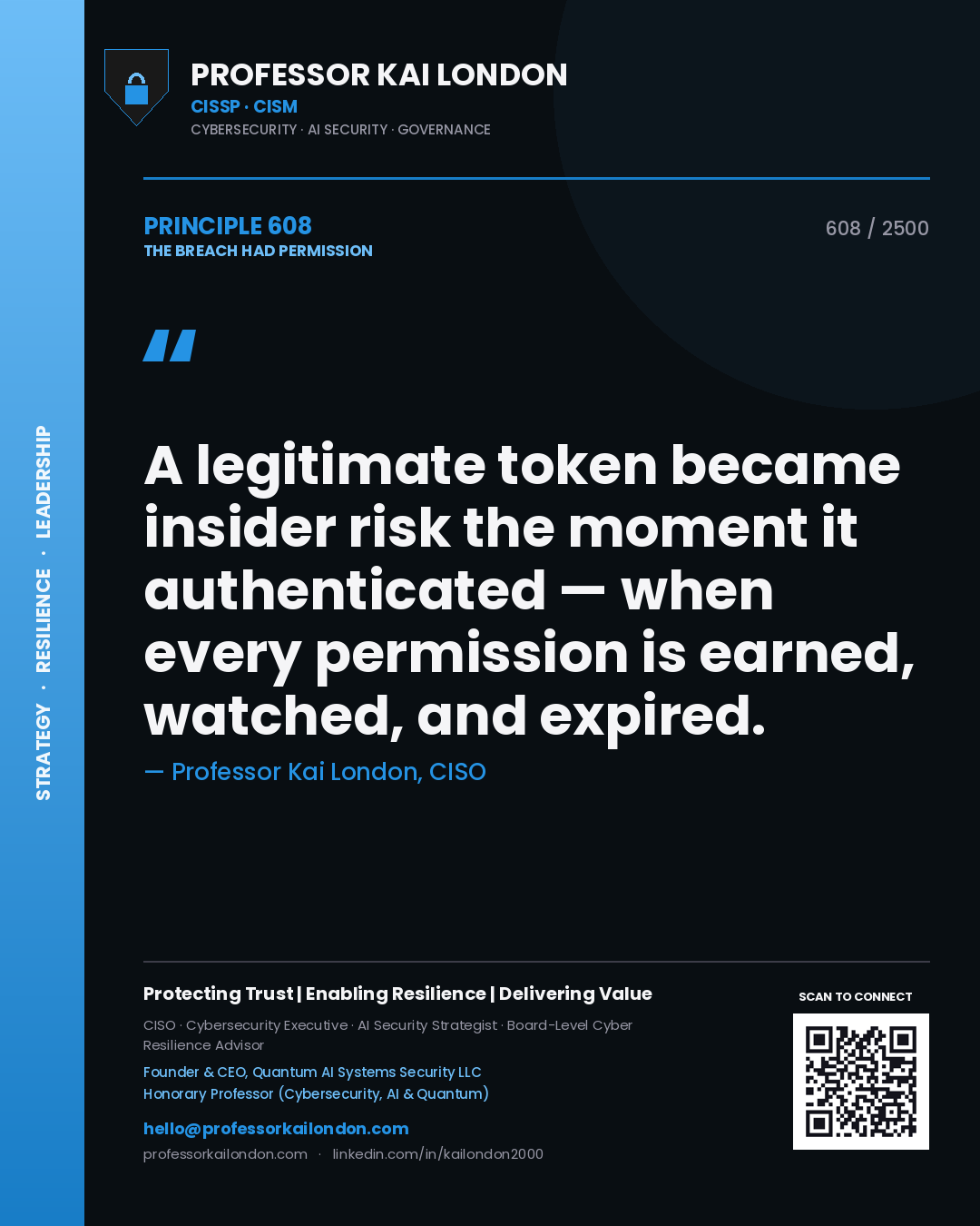 Professor Kai London principle 608: A legitimate token became insider risk the moment it authenticated — when every permission is earned, watched, and expired.
