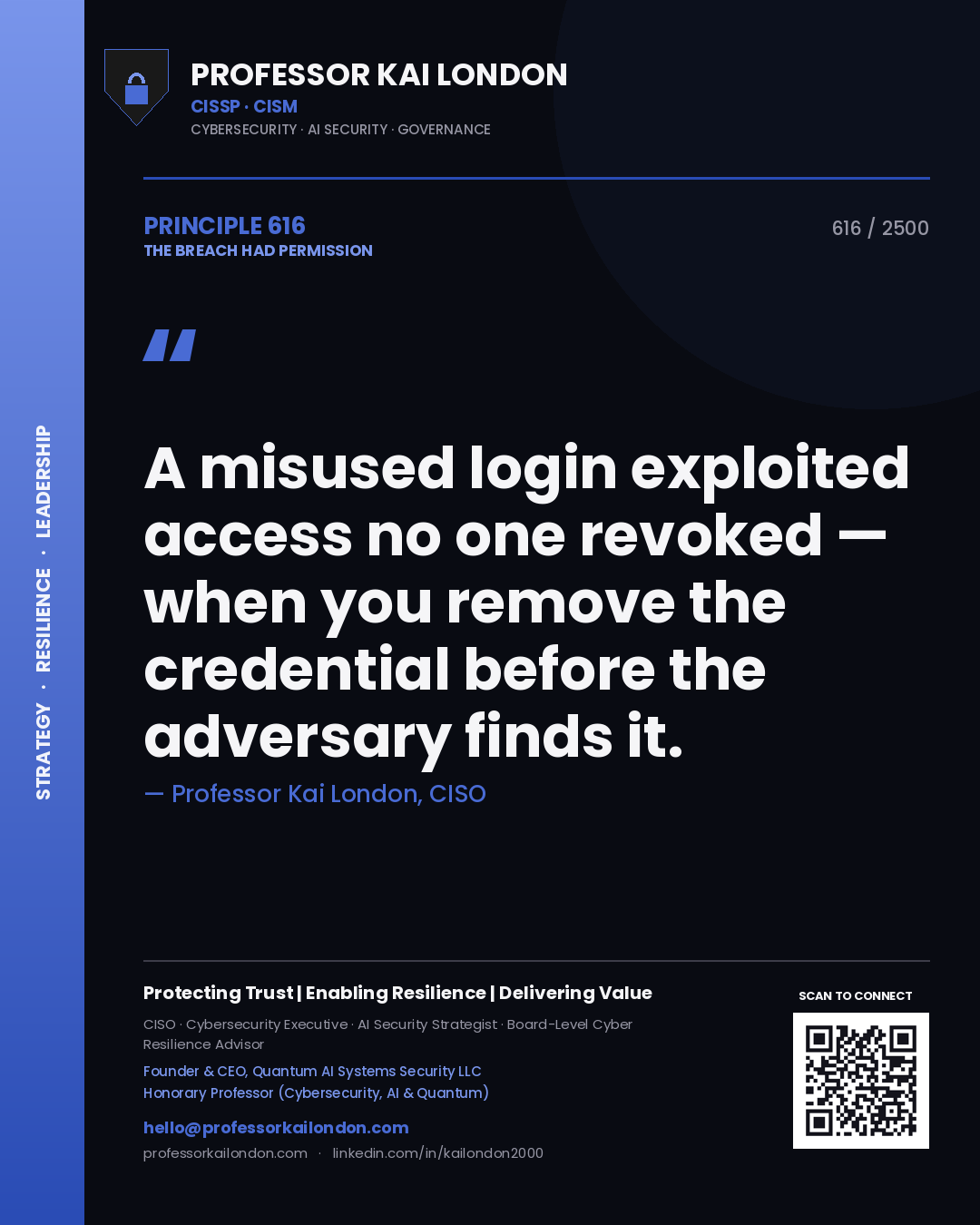 Quote card by Professor Kai London reading 'A misused login exploited access no one revoked — when you remove the credential before the adversary finds it.'. From the book The Breach Had Permission.