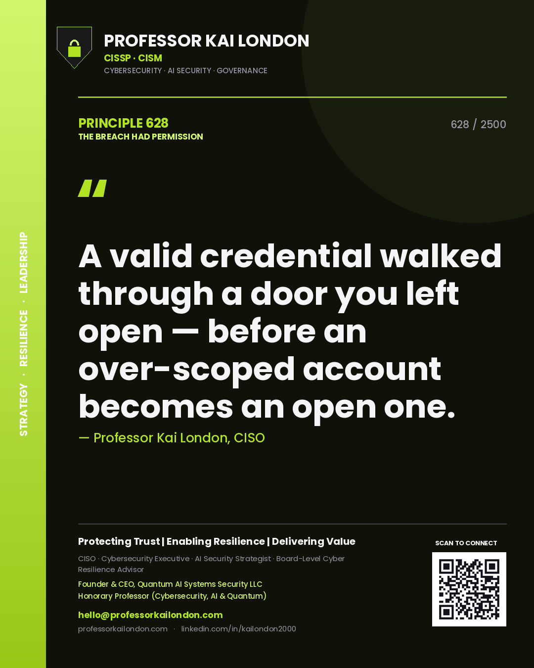 Professor Kai London principle 628: A valid credential walked through a door you left open — before an over-scoped account becomes an open one.