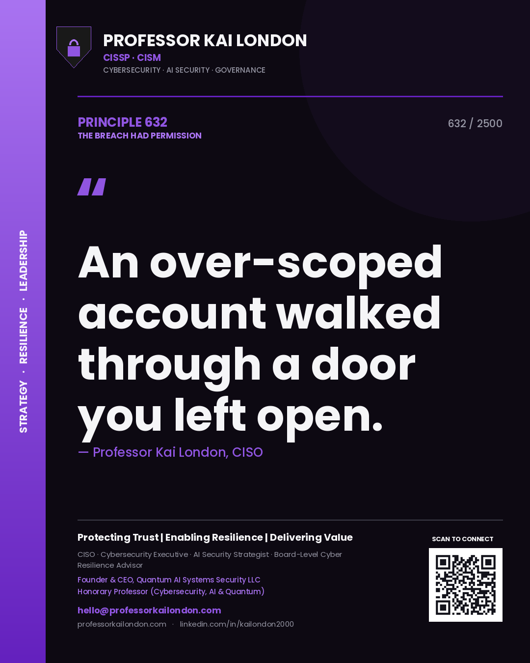 Quote card by Professor Kai London reading 'An over-scoped account walked through a door you left open.'. From the book The Breach Had Permission.