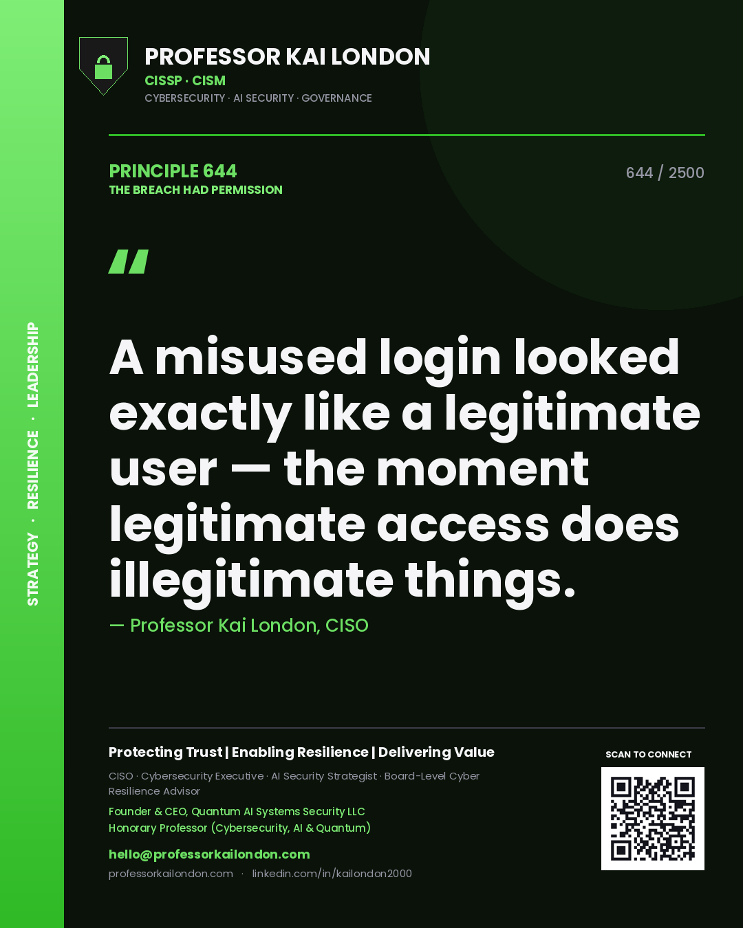 Professor Kai London principle 644: A misused login looked exactly like a legitimate user — the moment legitimate access does illegitimate things.