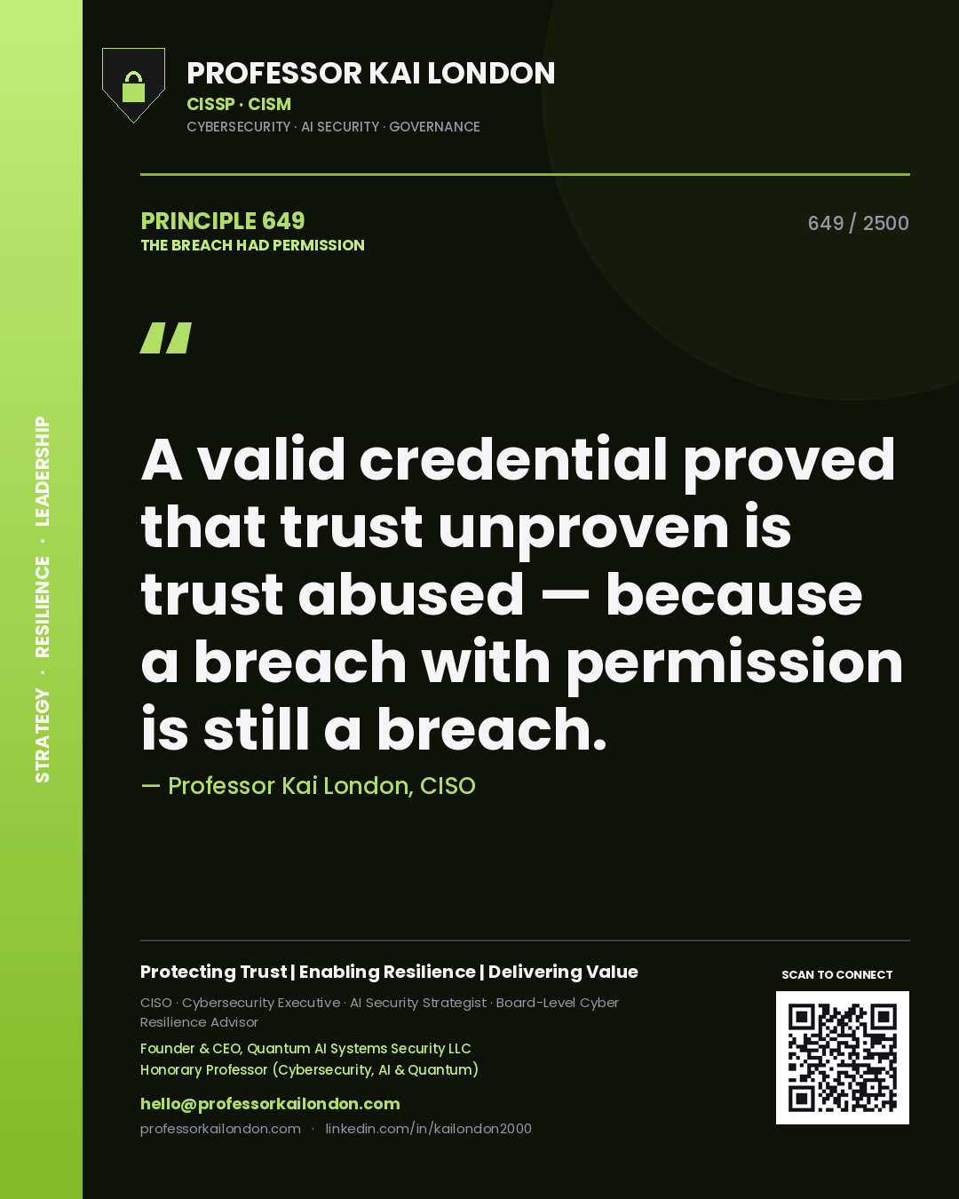 Quote card by Professor Kai London reading 'A valid credential proved that trust unproven is trust abused — because a breach with permission is still a breach.'. From the book The Breach Had Permission.