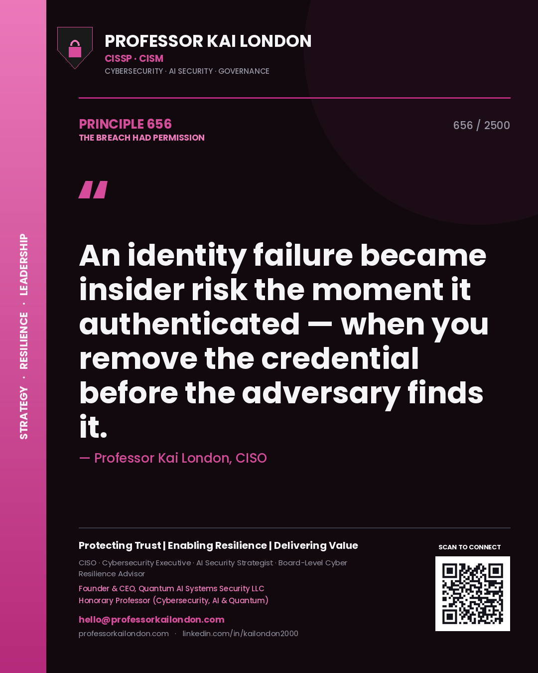 Professor Kai London principle 656: An identity failure became insider risk the moment it authenticated — when you remove the credential before the adversary finds it.