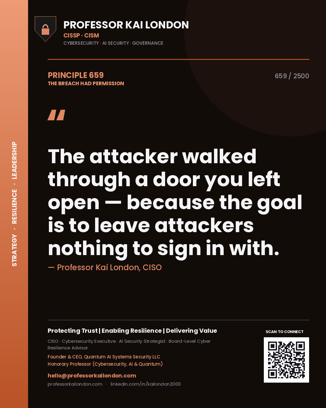 Professor Kai London principle 659: The attacker walked through a door you left open — because the goal is to leave attackers nothing to sign in with.