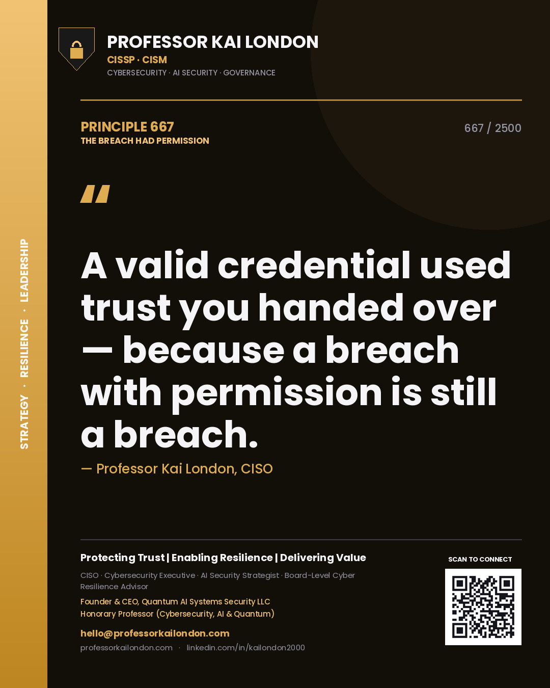Professor Kai London principle 667: A valid credential used trust you handed over — because a breach with permission is still a breach.