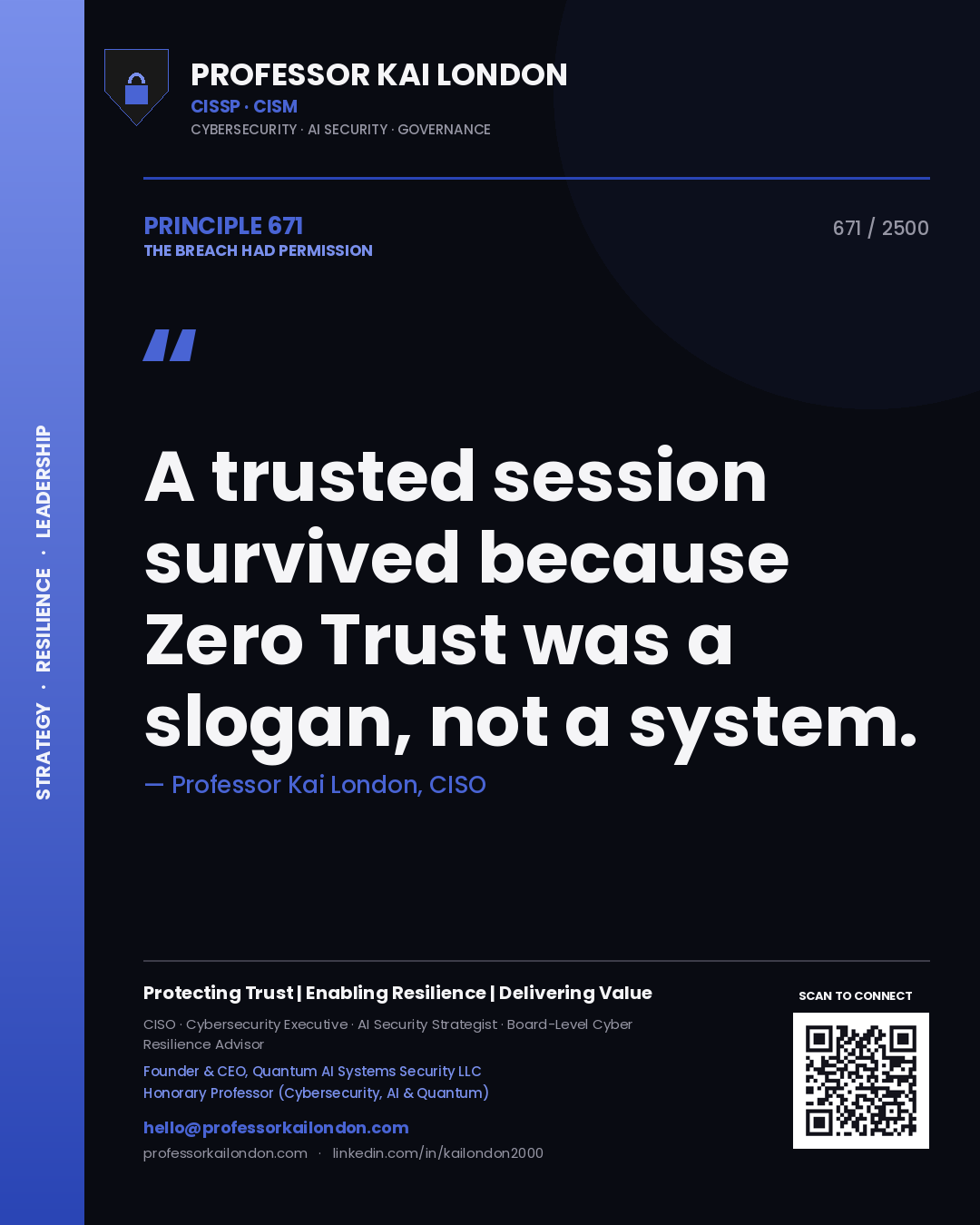 Quote card by Professor Kai London reading 'A trusted session survived because Zero Trust was a slogan, not a system.'. From the book The Breach Had Permission.