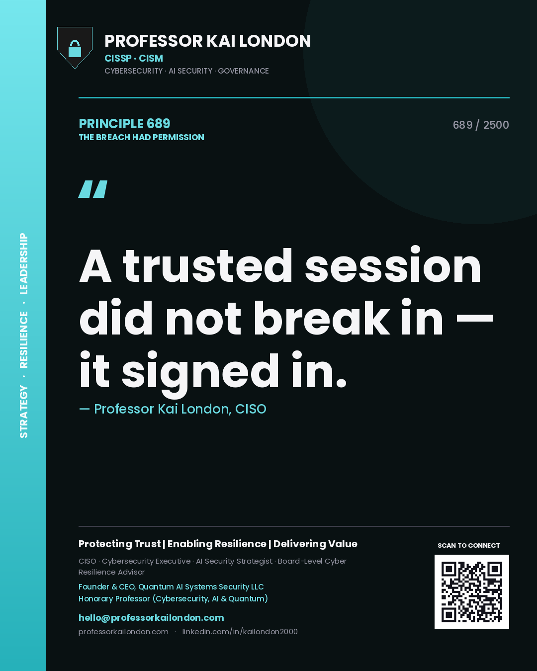 Quote card by Professor Kai London reading 'A trusted session did not break in — it signed in.'. From the book The Breach Had Permission.