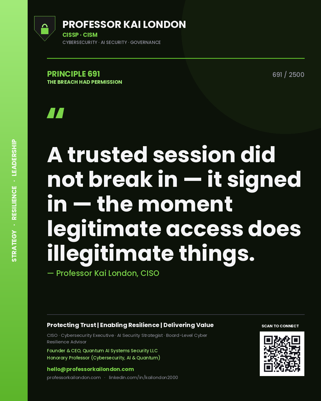 Professor Kai London principle 691: A trusted session did not break in — it signed in — the moment legitimate access does illegitimate things.