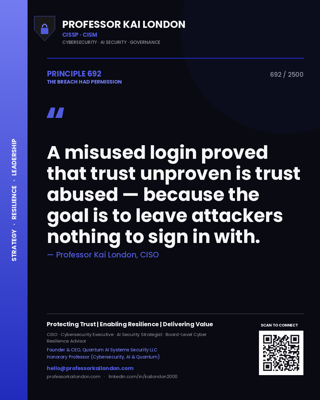 Professor Kai London principle 692: A misused login proved that trust unproven is trust abused — because the goal is to leave attackers nothing to sign in with.