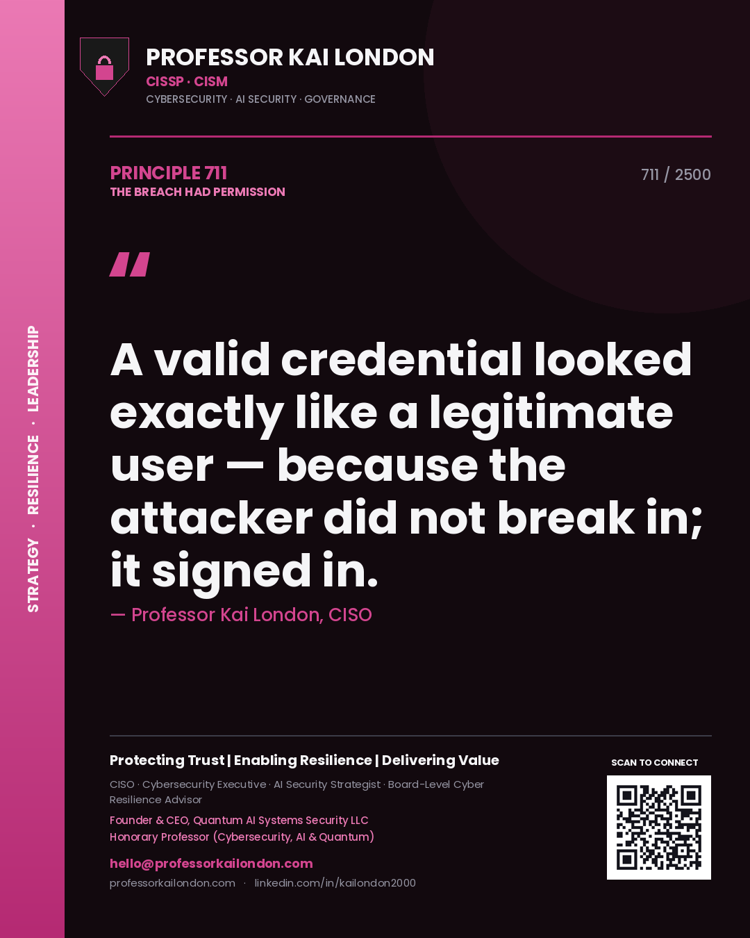 Professor Kai London principle 711: A valid credential looked exactly like a legitimate user — because the attacker did not break in; it signed in.