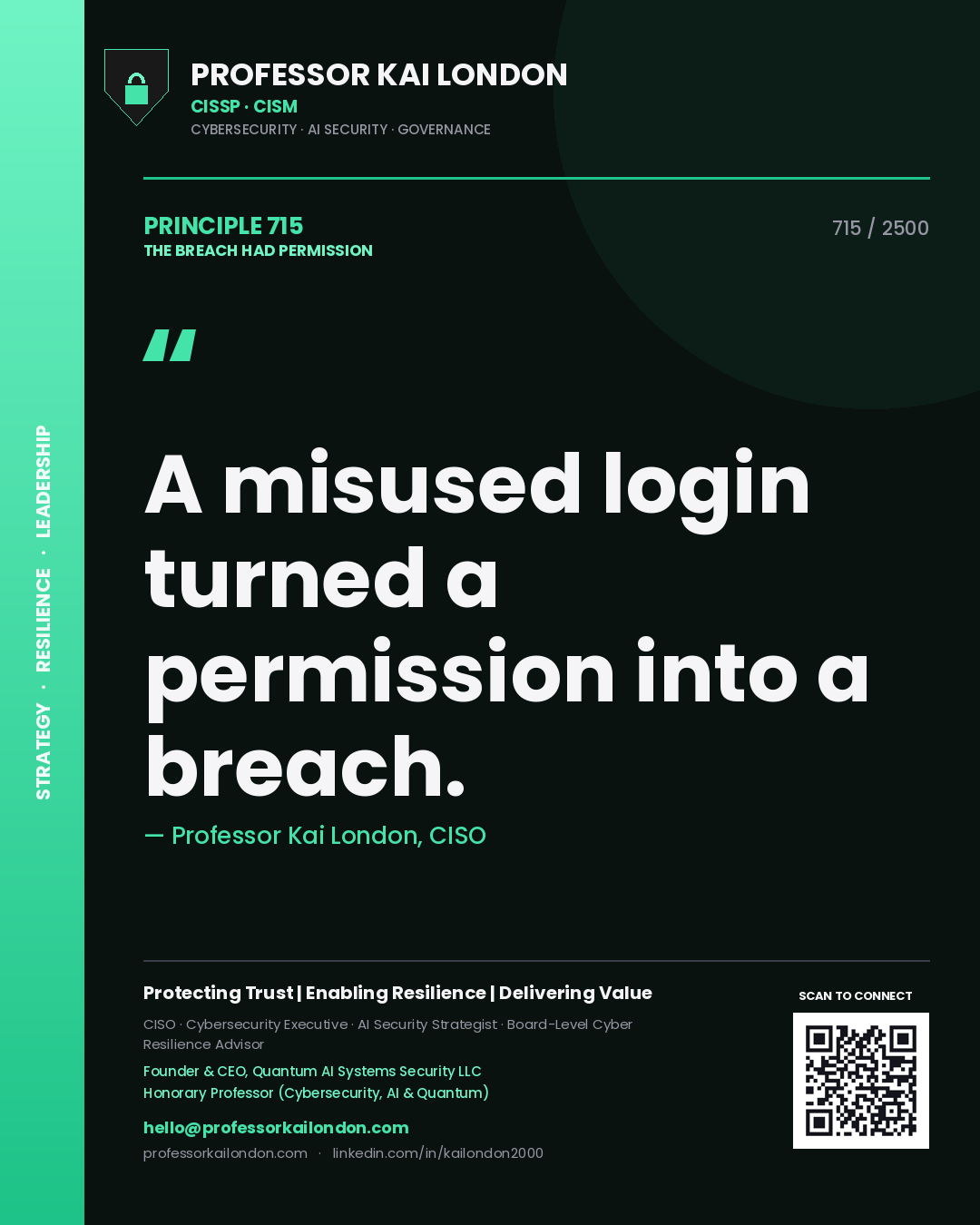Quote card by Professor Kai London reading 'A misused login turned a permission into a breach.'. From the book The Breach Had Permission.