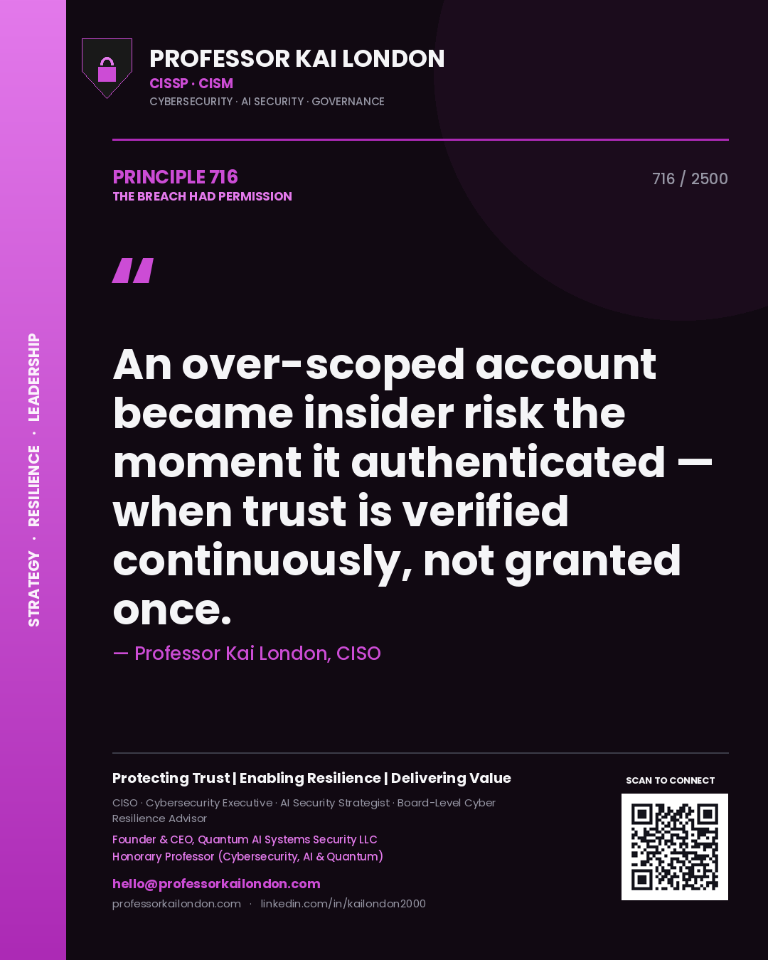 Professor Kai London principle 716: An over-scoped account became insider risk the moment it authenticated — when trust is verified continuously, not granted once.