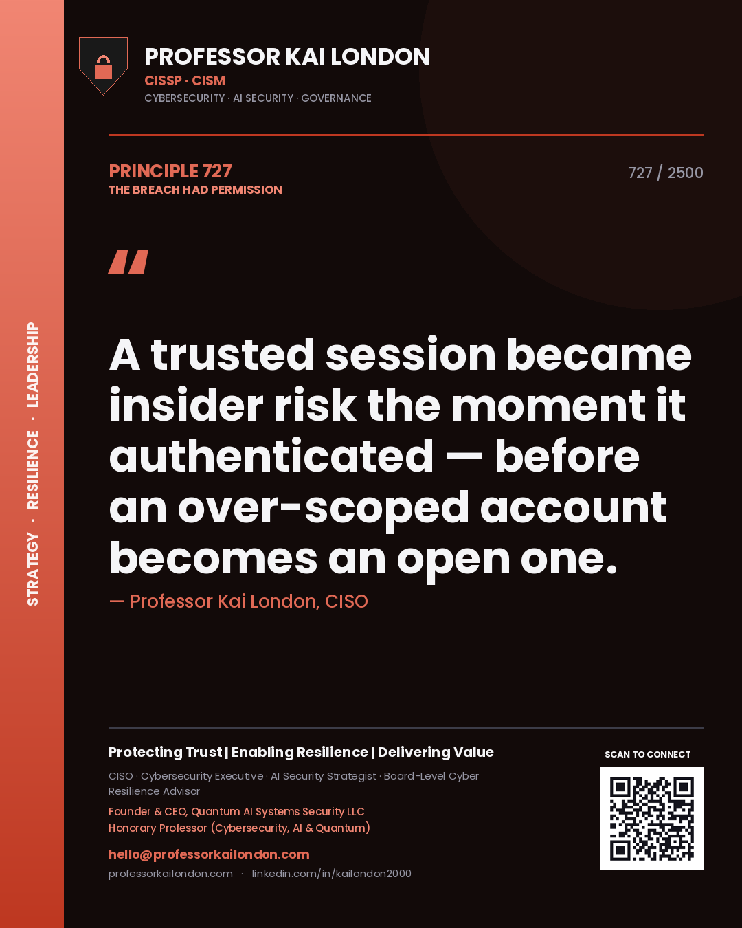Professor Kai London principle 727: A trusted session became insider risk the moment it authenticated — before an over-scoped account becomes an open one.