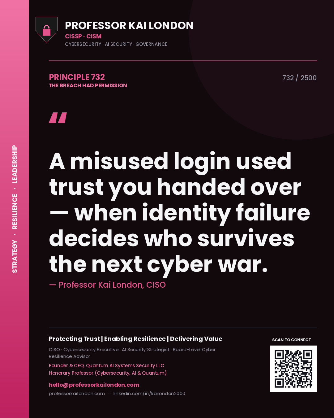 Professor Kai London principle 732: A misused login used trust you handed over — when identity failure decides who survives the next cyber war.