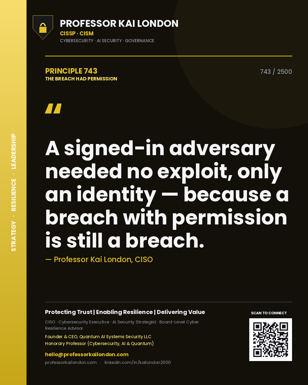 Professor Kai London principle 743: A signed-in adversary needed no exploit, only an identity — because a breach with permission is still a breach.