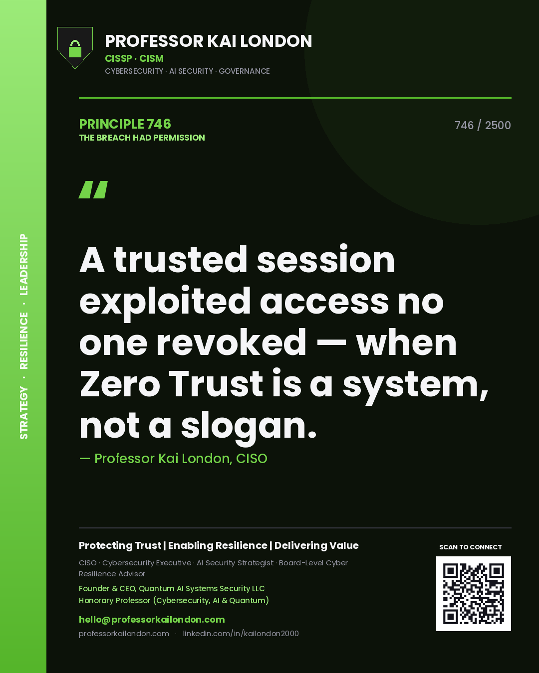 Professor Kai London principle 746: A trusted session exploited access no one revoked — when Zero Trust is a system, not a slogan.