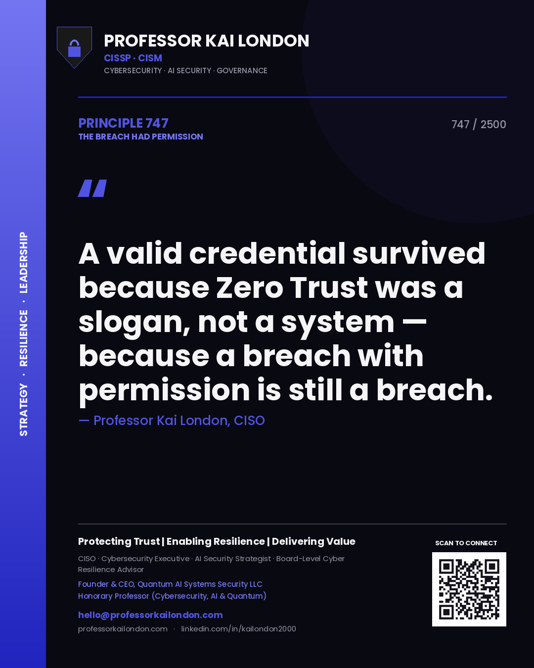 Professor Kai London principle 747: A valid credential survived because Zero Trust was a slogan, not a system — because a breach with permission is still a breach.