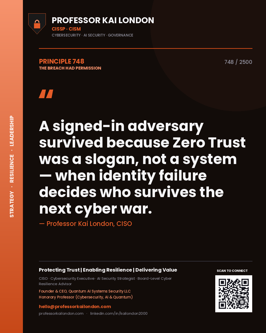 Quote card by Professor Kai London reading 'A signed-in adversary survived because Zero Trust was a slogan, not a system — when identity failure decides who survives the next cyber war.'. From the book The Breach Had Permission.