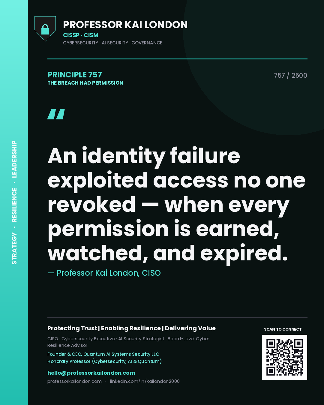 Quote card by Professor Kai London reading 'An identity failure exploited access no one revoked — when every permission is earned, watched, and expired.'. From the book The Breach Had Permission.