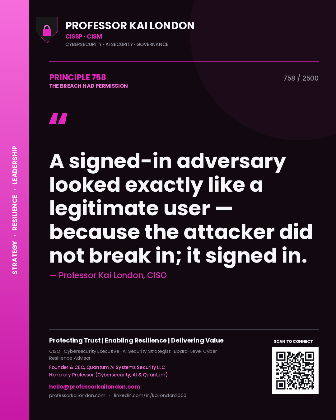 Quote card by Professor Kai London reading 'A signed-in adversary looked exactly like a legitimate user — because the attacker did not break in; it signed in.'. From the book The Breach Had Permission.