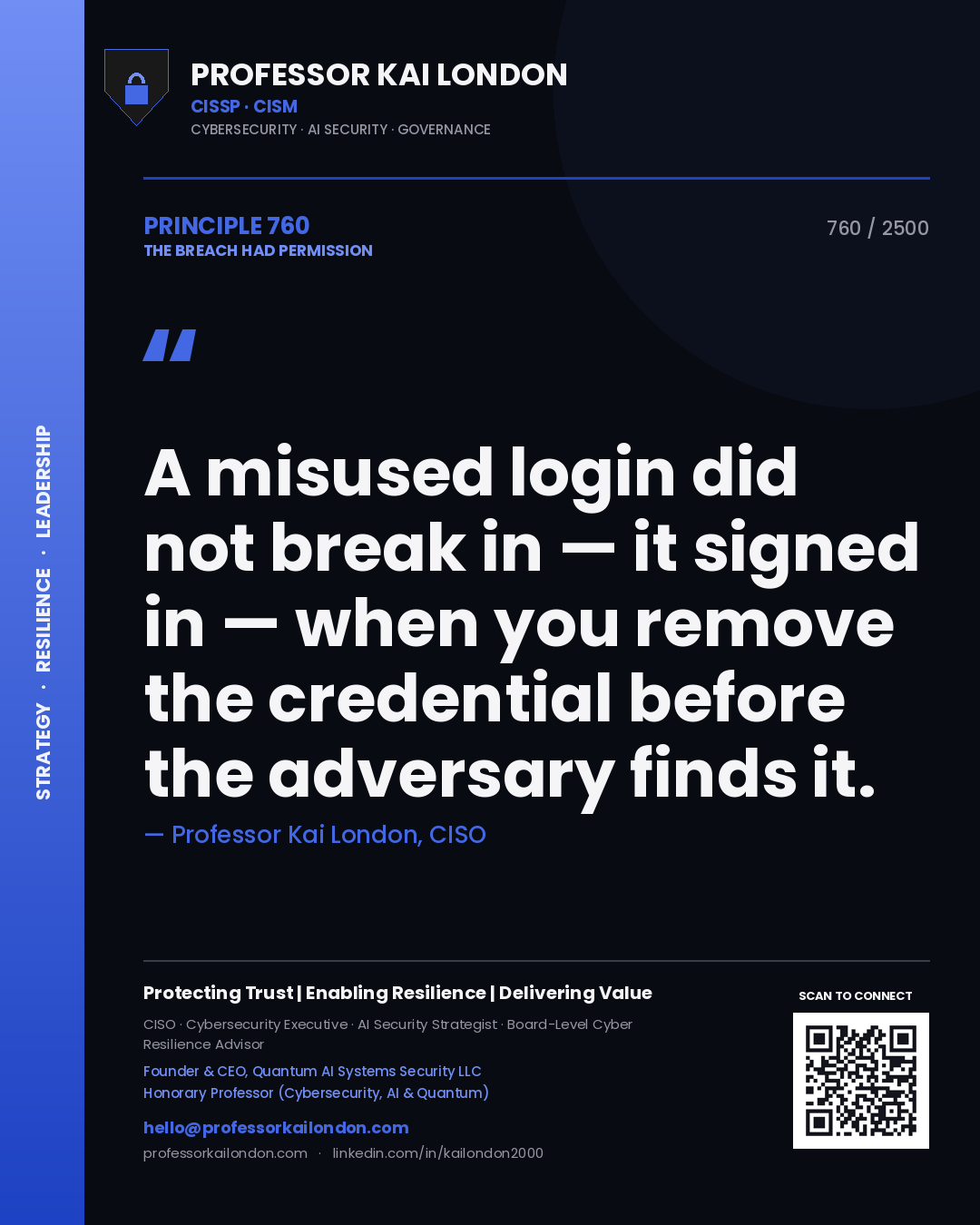 Quote card by Professor Kai London reading 'A misused login did not break in — it signed in — when you remove the credential before the adversary finds it.'. From the book The Breach Had Permission.