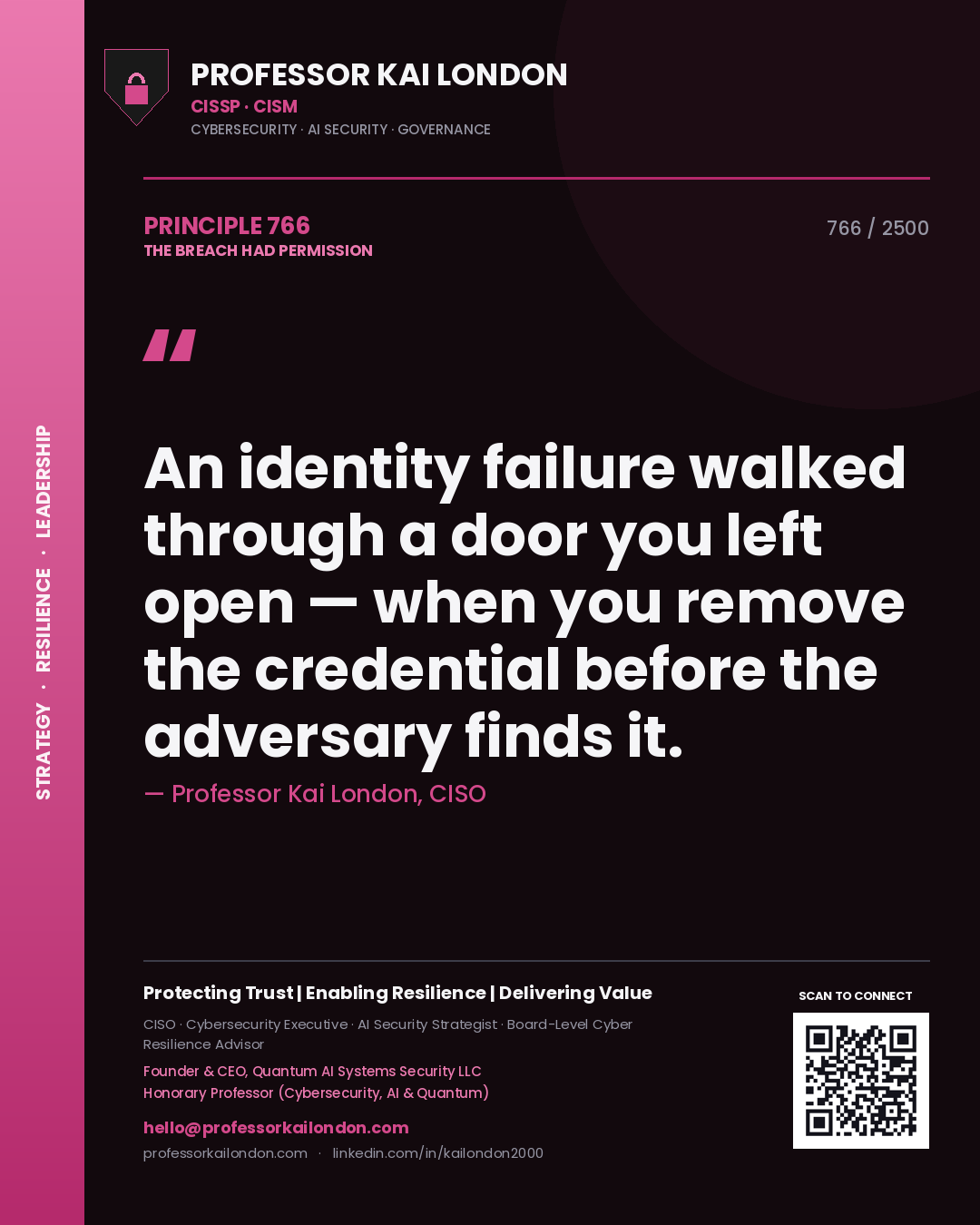 Professor Kai London principle 766: An identity failure walked through a door you left open — when you remove the credential before the adversary finds it.