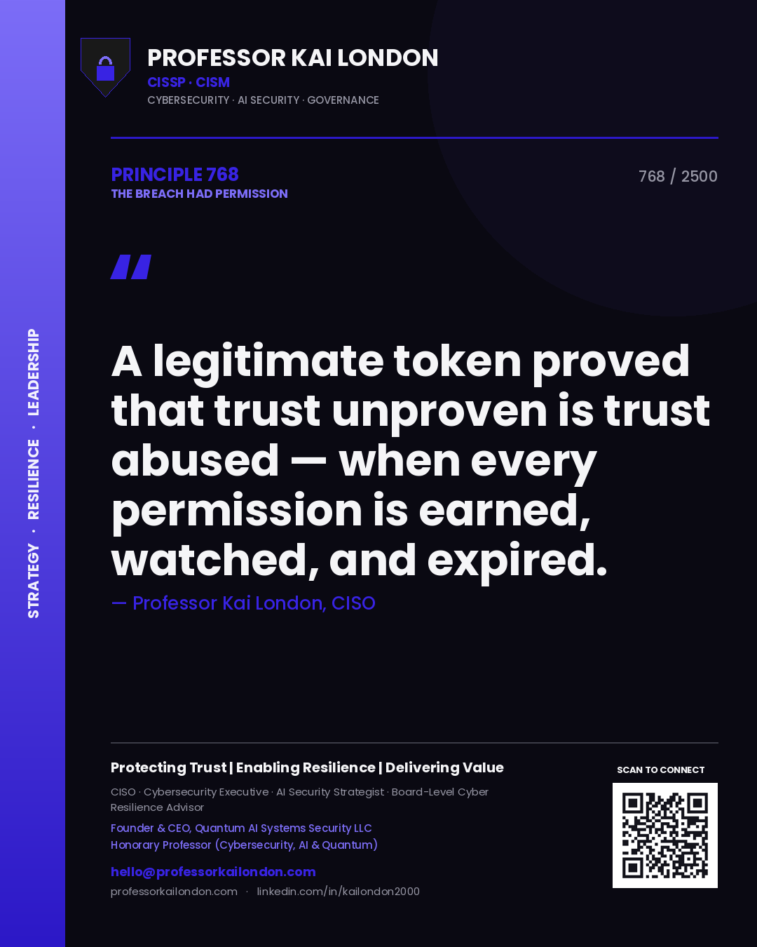 Quote card by Professor Kai London reading 'A legitimate token proved that trust unproven is trust abused — when every permission is earned, watched, and expired.'. From the book The Breach Had Permission.