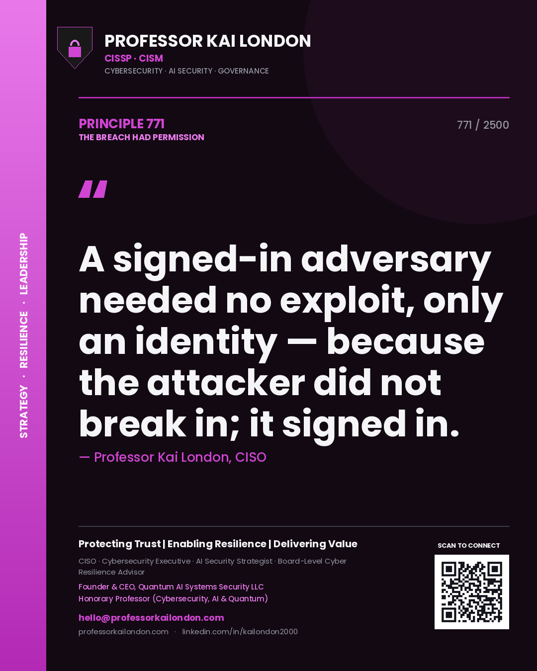 Professor Kai London principle 771: A signed-in adversary needed no exploit, only an identity — because the attacker did not break in; it signed in.