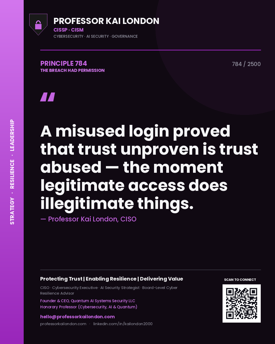 Professor Kai London principle 784: A misused login proved that trust unproven is trust abused — the moment legitimate access does illegitimate things.