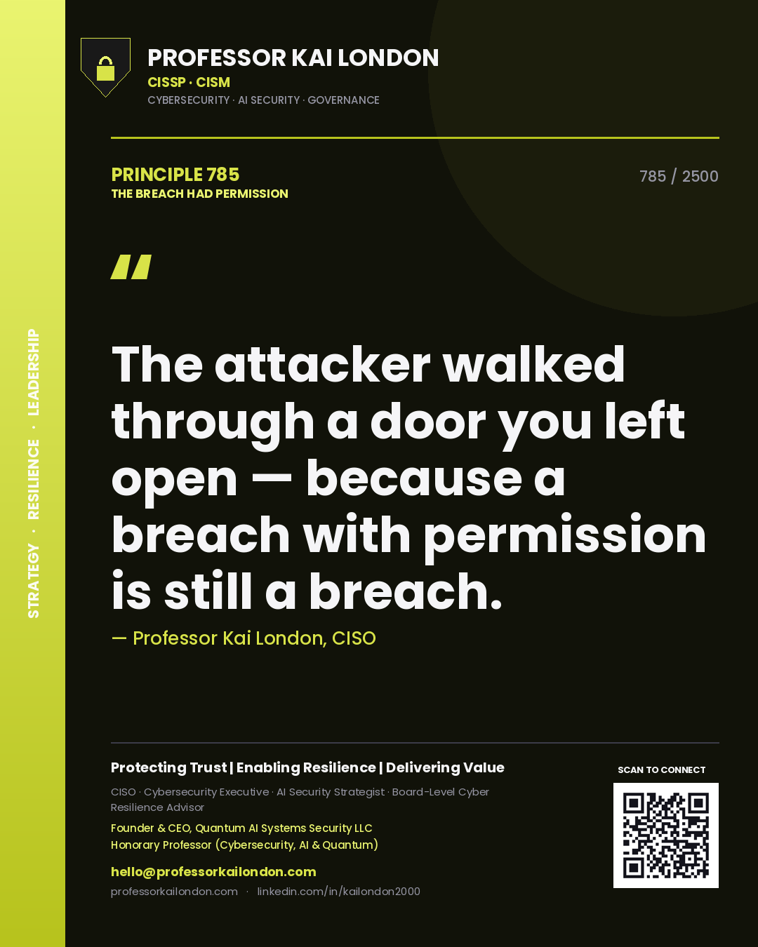 Quote card by Professor Kai London reading 'The attacker walked through a door you left open — because a breach with permission is still a breach.'. From the book The Breach Had Permission.