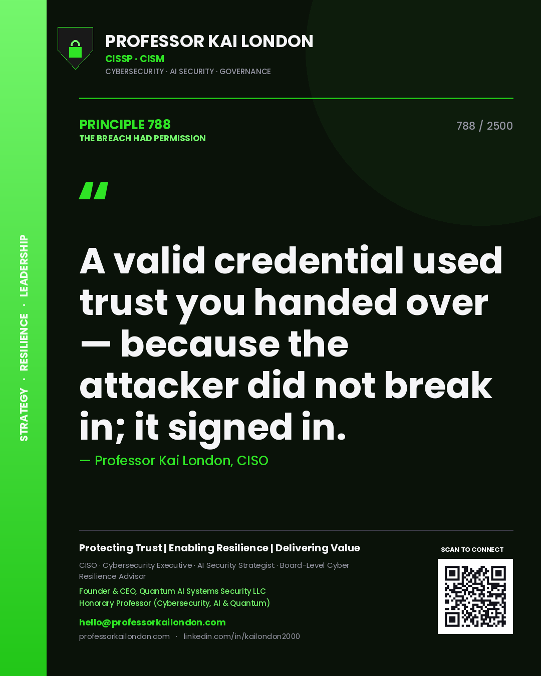 Quote card by Professor Kai London reading 'A valid credential used trust you handed over — because the attacker did not break in; it signed in.'. From the book The Breach Had Permission.