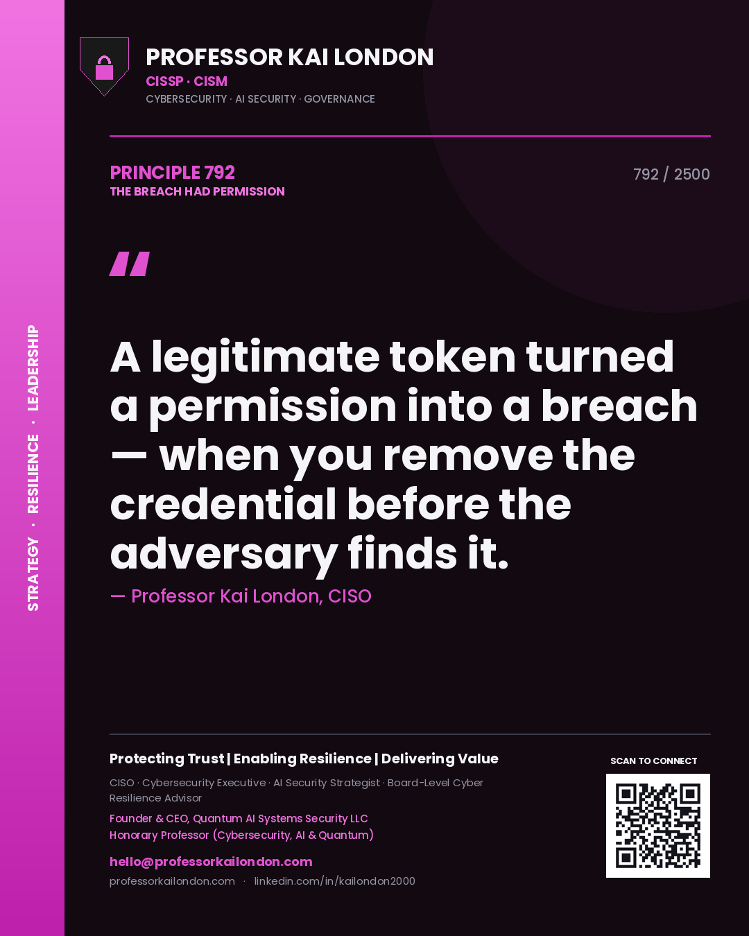 Professor Kai London principle 792: A legitimate token turned a permission into a breach — when you remove the credential before the adversary finds it.