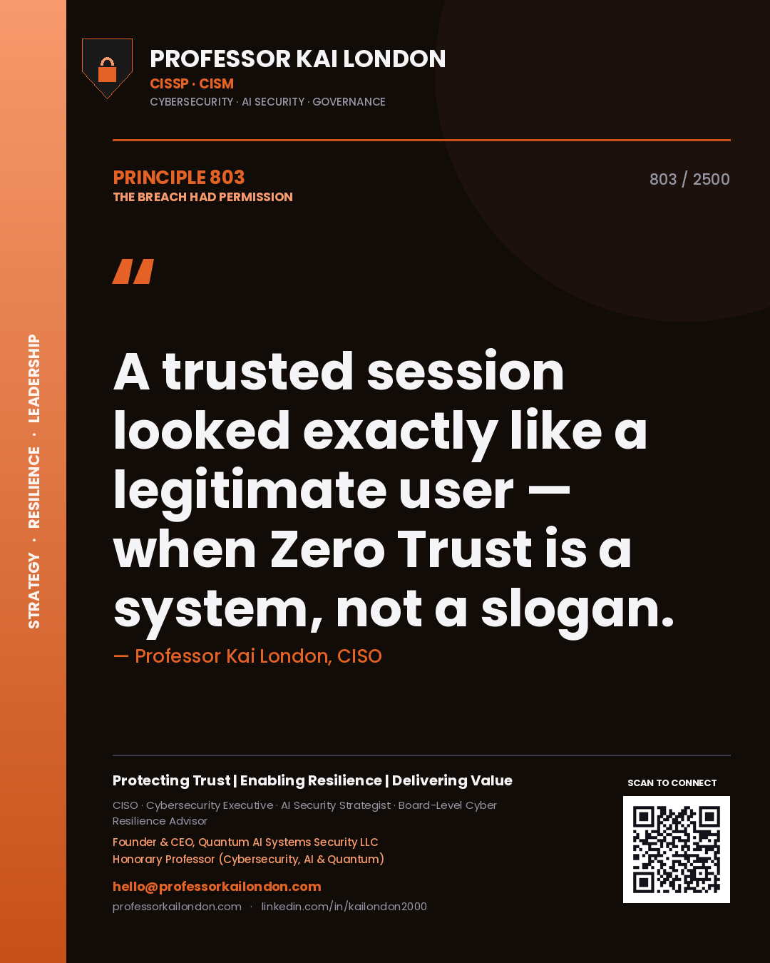 Professor Kai London principle 803: A trusted session looked exactly like a legitimate user — when Zero Trust is a system, not a slogan.