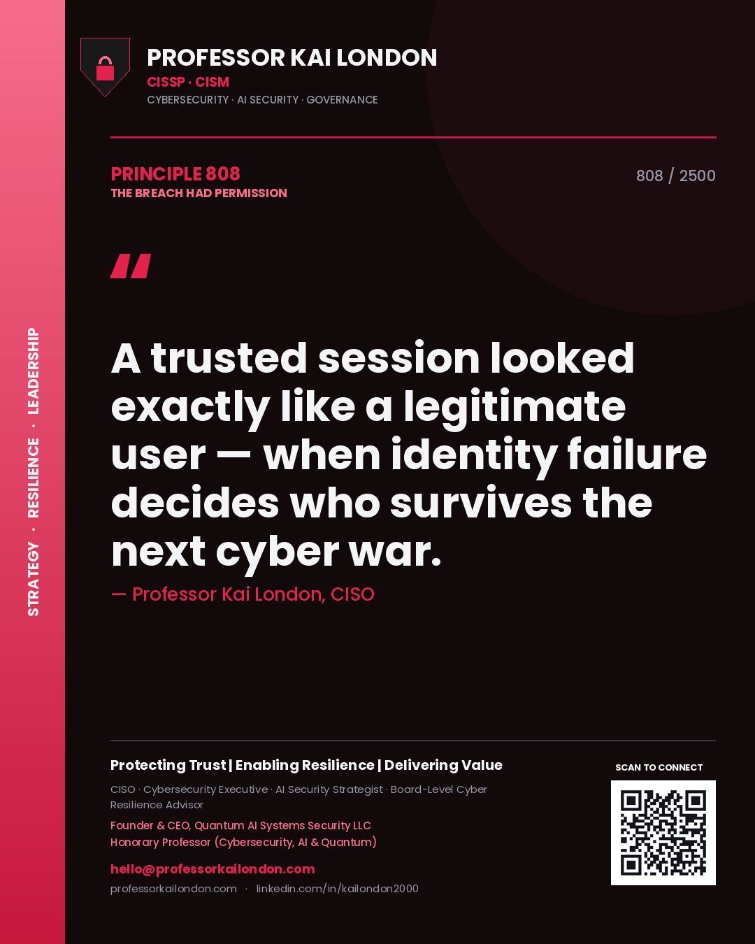 Professor Kai London principle 808: A trusted session looked exactly like a legitimate user — when identity failure decides who survives the next cyber war.
